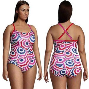 NWOT Lands' End Scoop Neck X-Back One-Piece Swimsuit Umbrella Print Size 12